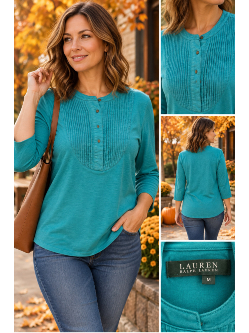 Women's Lauren Ralph Lauren Teal 3/4 Sleeve Pintuck Bib Tee Size M